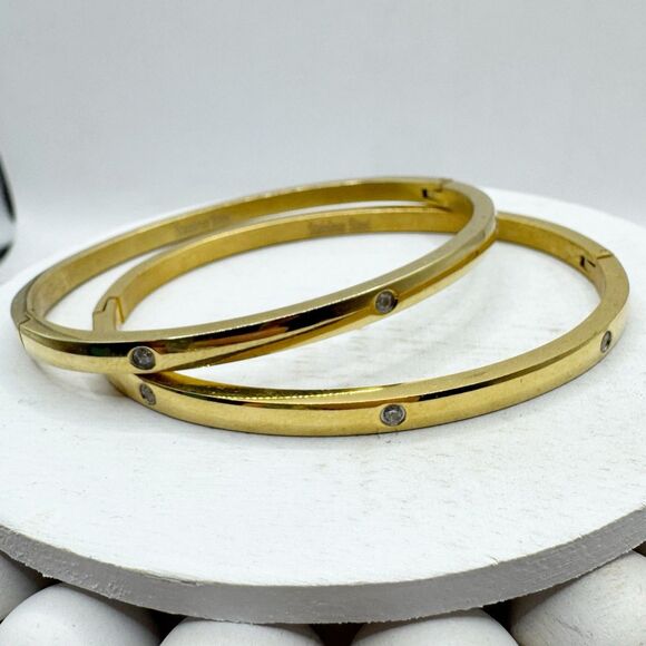 2 Gold Tone Bangle Bracelets With Rhinestone Details Stainless Steel Hinged - Picture 2 of 13